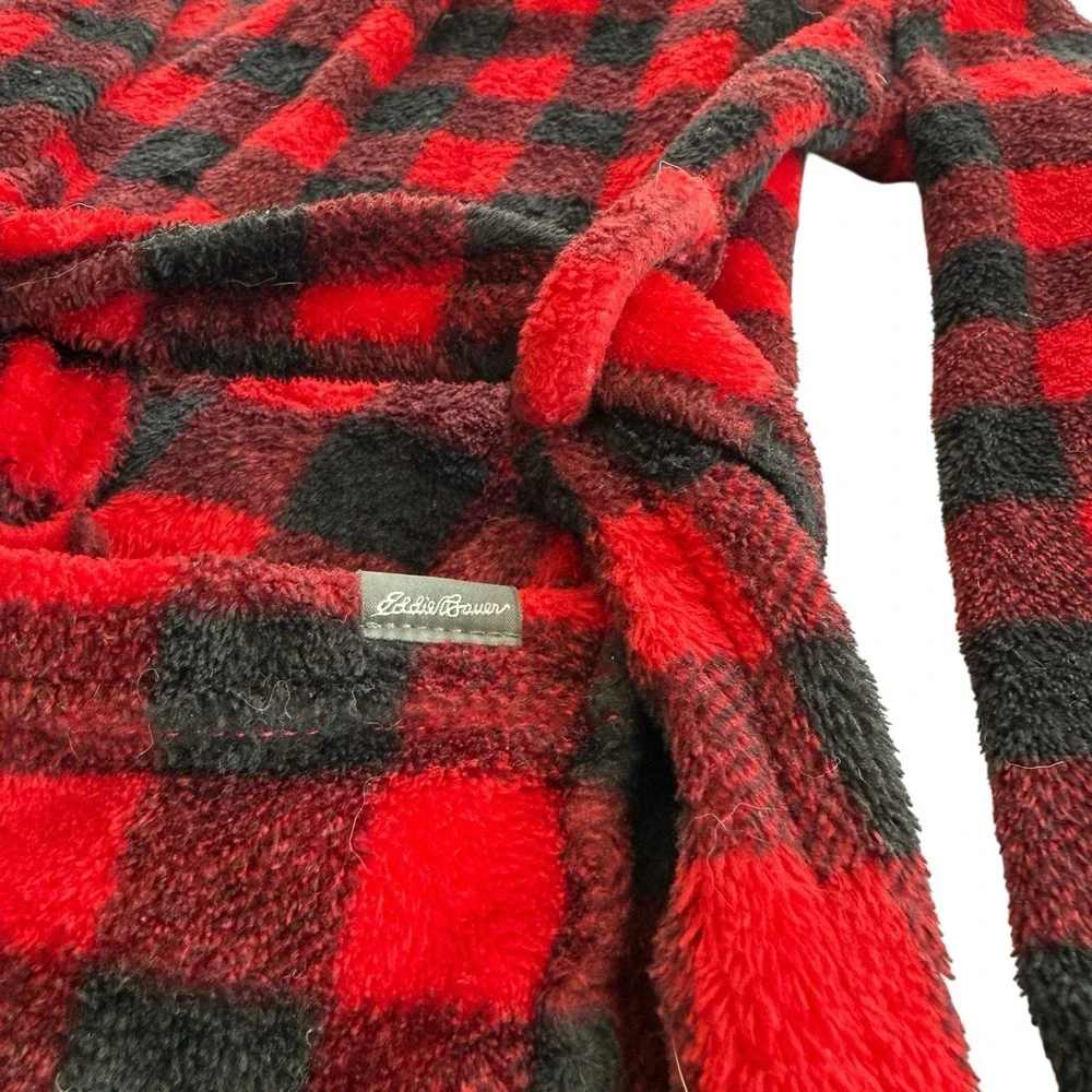 Eddie Bauer Kids Hooded Robe Fleece Red Black Buffalo Plaid Cozy Kids S 7/8‎